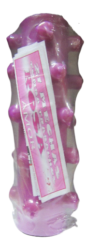 Rolo de massagem corporal cor-de-rosa com protuberâncias e etiqueta com texto