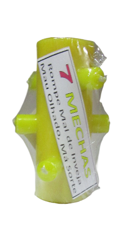 Produto amarelo cilíndrico com 7 hastes e etiqueta branca com texto