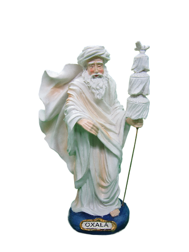 Estátua de Oxalá em resina com túnica branca e base azul