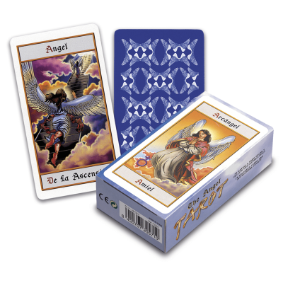 Cartas de tarot One Angel TAROT com imagens de anjos e caixa roxa clara.