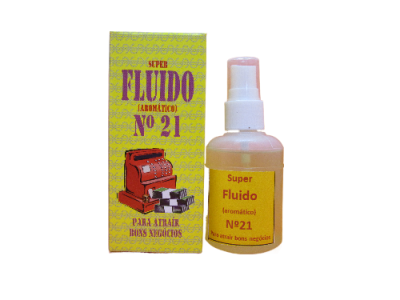 Frasco branco com líquido e caixa amarela de Super Fluido Nº 21 para atrair bons negócios.
