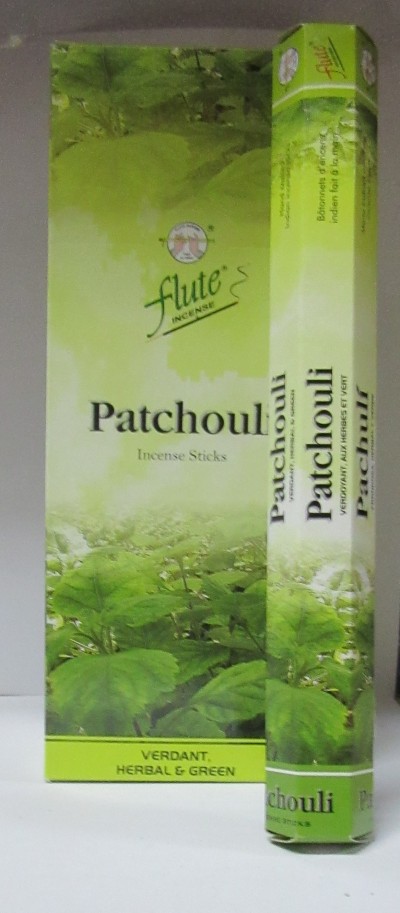 Embalagem verde de incenso Patchouli da Flute Incense com folhas desenhadas