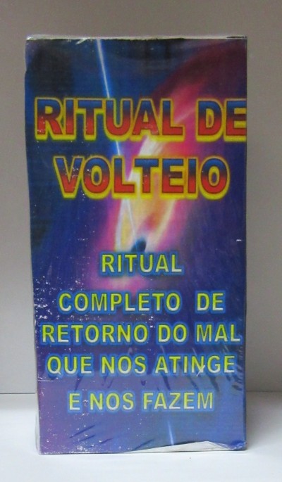 Embalagem com texto Ritual de Volteio e outra informação em azul e amarelo num fundo colorido abstrato.