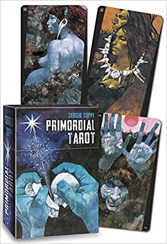 Baralho de cartas Tarot PRIMORDIAL TAROT com ilustrações de figuras humanas e padrões coloridos