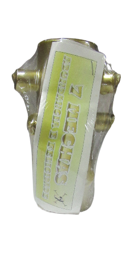 Frasco de vidro transparente com tampa dourada e etiqueta amarela e branca com texto