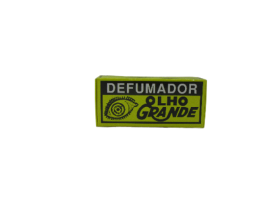 Pacote amarelo de defumador Olho Grande com texto preto e desenho de olho