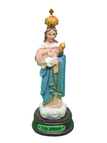 Estátua religiosa de Nossa Senhora dos Remédios em resina colorida com base preta