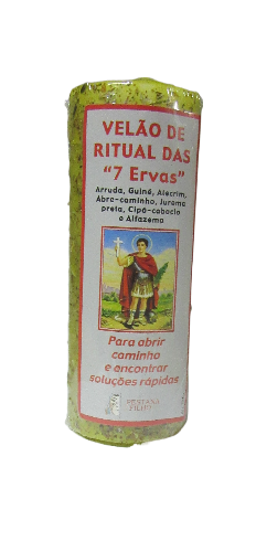 Vela ritual 7 ervas com etiqueta e imagem de figura religiosa