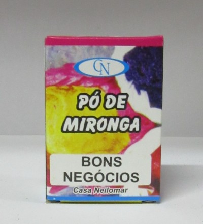 Embalagem colorida de Pó de Mironga com texto 'BONS NEGÓCIOS' da Casa Neilomar