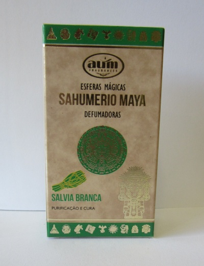 Embalagem de Sahumerio Maya esferas mágicas com decoração verde e dourada