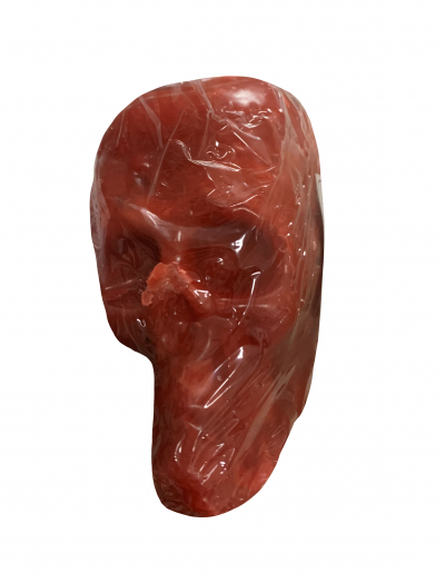 Caveira vermelha de pedra embalada em plástico transparente
