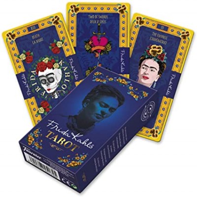 Cartas de tarot Frida Kahlo com caixa azul e ilustrações coloridas