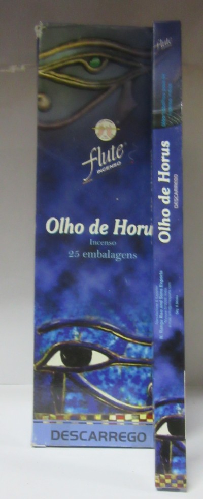 Embalagem azul de incenso Olho de Horus com ilustração do olho e texto visível