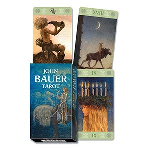 Caixa azul do baralho JOHN BAUER TAROT com três cartas ilustradas.