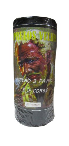 Embalagem cilíndrica de vela com ilustração de homem idoso e texto em amarelo e branco