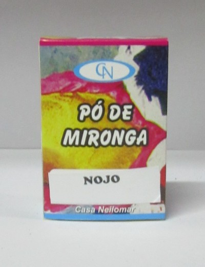 Caixa colorida de Pó de Mironga com etiqueta 'NOJO' e logótipo Casa Nellomar.