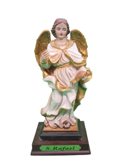 Estátua do anjo S. Rafael em resina com roupa branca e dourada e base preta