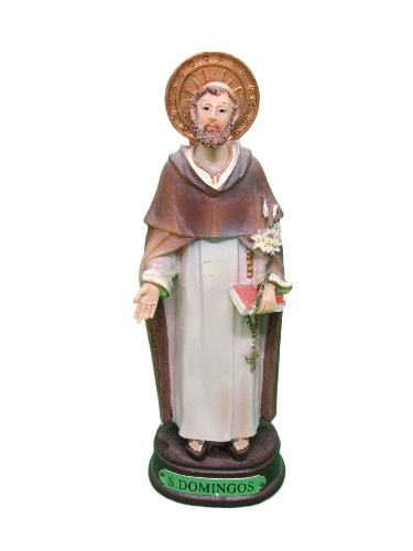 Figura religiosa de S. Domingos em resina com túnica branca e capa castanha
