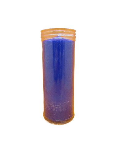 Vela azul cilíndrica em recipiente de plástico transparente com tampa laranja
