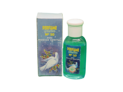 Frasco verde de perfume Nº 20 com embalagem azul e pomba branca