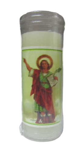 Vela religiosa branca em vidro com imagem colorida de santo