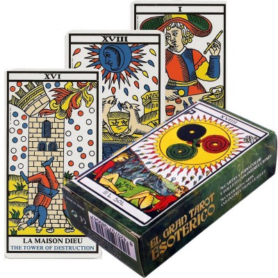 Baralho de tarô colorido com caixa EL GRAN TAROT ESOTÉRICO e cartas visíveis La Maison Dieu, XVIII e I