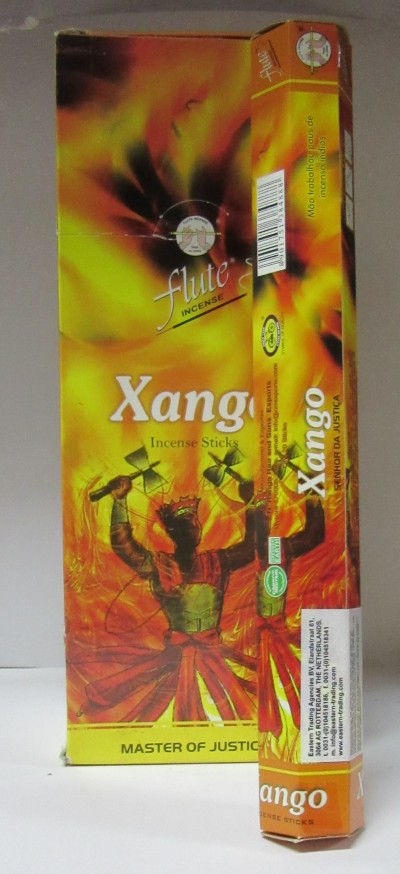 Pacote de incenso Flute Incense Xango com cores laranja, amarelo e vermelho e imagem estilizada.