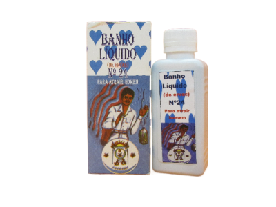 Frasco branco com banho líquido para atrair homem e embalagem com ilustração e texto em português.