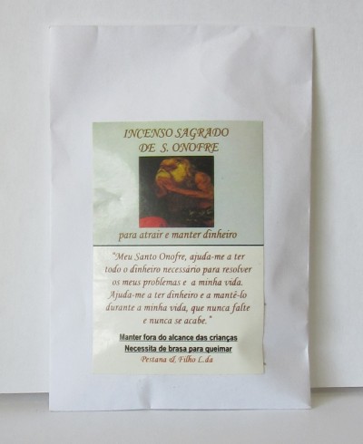 Pacote branco de incenso sagrado de S. Onofre com texto e imagem religiosa