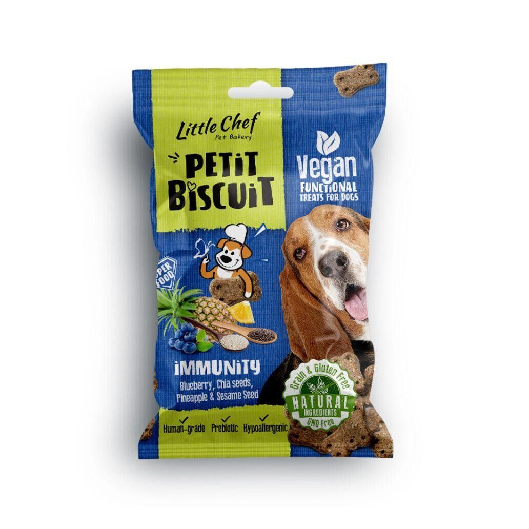 Petit Biscuit Grain Free - Imunidade 100 Gr Embalagem de petisco para cães Petit Biscuit Little Chef em azul e verde com imagem de cão
