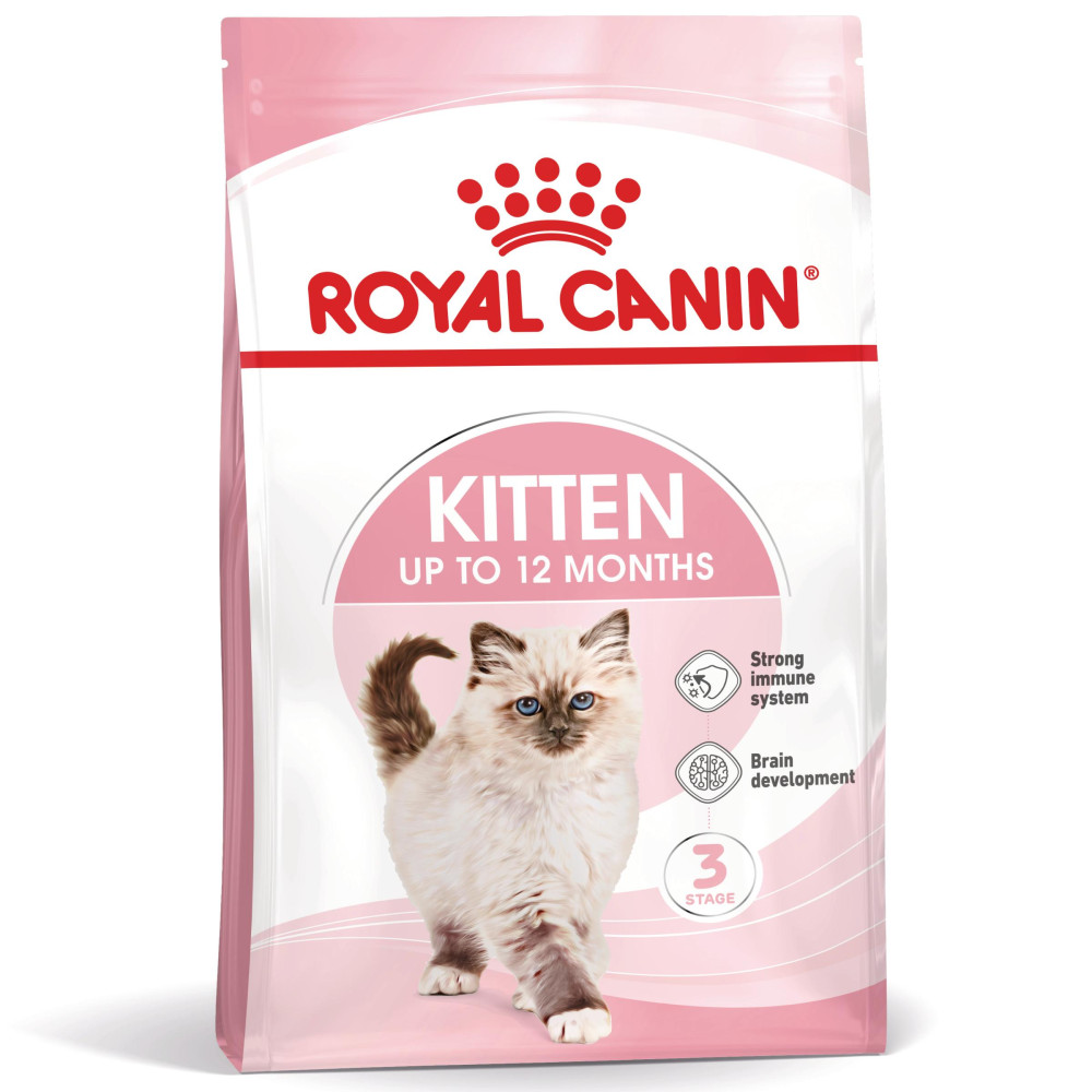 Royal Canin Kitten- 400 Gr Embalagem de ração Royal Canin para gatinhos até 12 meses com imagem de gatinho e texto descritivo.