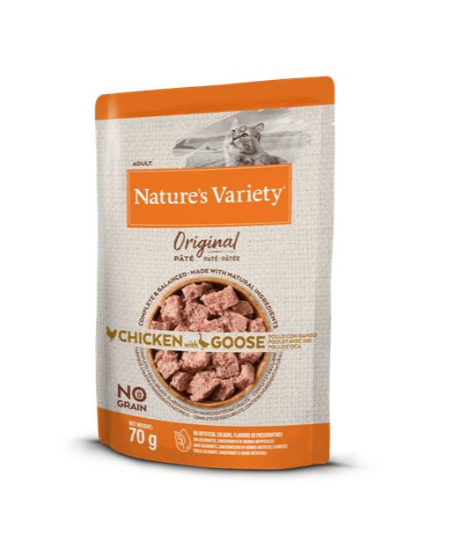 Ração húmida nature's variety original no grain paté frango & ganso Embalagem de comida húmida para gato Nature's Variety Original Pâté sabor Chicken with Goose