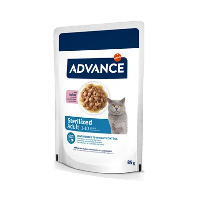 Advance Feline Sterilized com peru Embalagem de alimento para gatos ADVANCE Sterilized Adult 1-10 anos sabor peru 85g