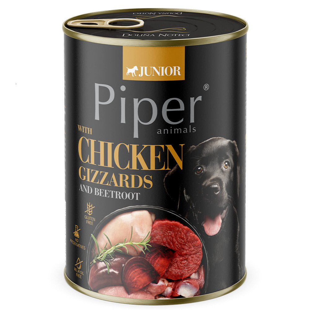 Piper Junior - Alimento em patê para cachorro - Moela de frango e arroz integral Lata de comida para cães Piper Junior com frango e moelas