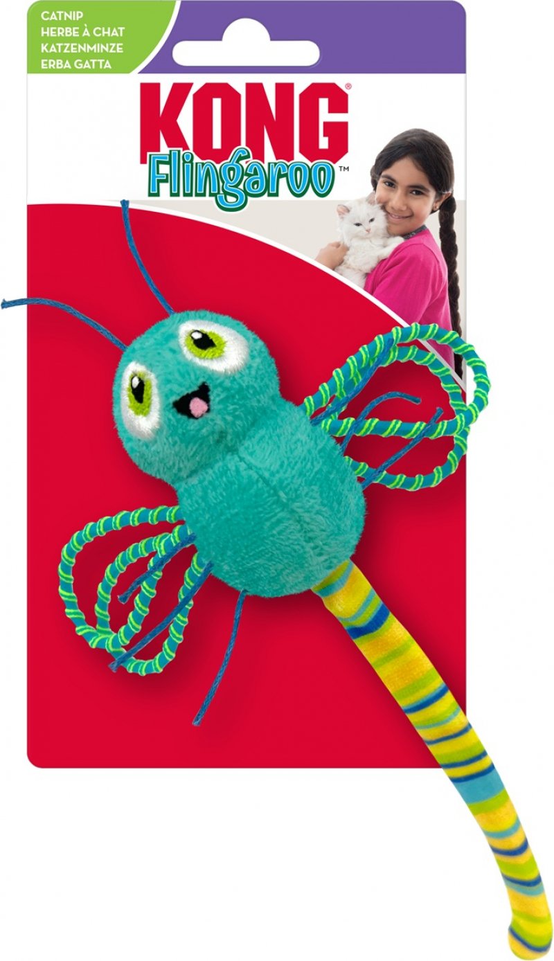 KONG Flingaroo Dragonfly Assorted para gato Brinquedo para gatos KONG Flingaroo azul em embalagem com foto de menina e gato