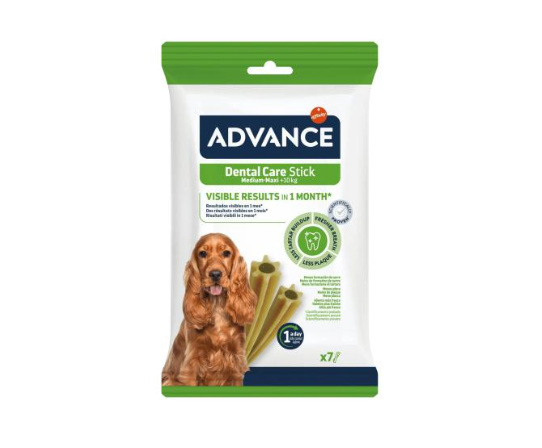 Advance Dental Care Sticks Medium/Maxi Pacote branco e verde de palitos dentais para cães, com imagem de cão castanho e texto ADVANCE.