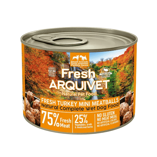 Arquivet Fresh Almôndegas de Perú Lata de comida para cães Fresh ARQUIVET com almôndegas de peru, rótulo laranja e floresta outonal