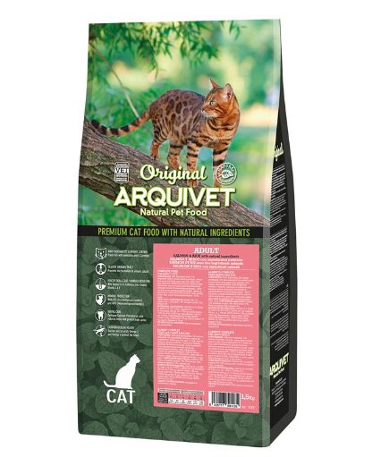 Arquivet Gato Adulto Original Salmão Pacote de ração para gato Original Arquivet com imagem de gato Bengal em árvore