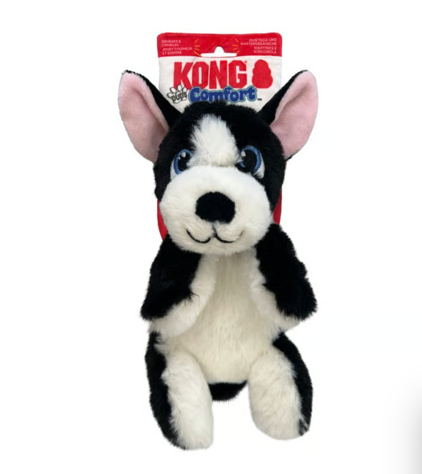 KONG Comfort Pups Boss Brinquedo de pelúcia para cão preto e branco com etiqueta KONG Comfort
