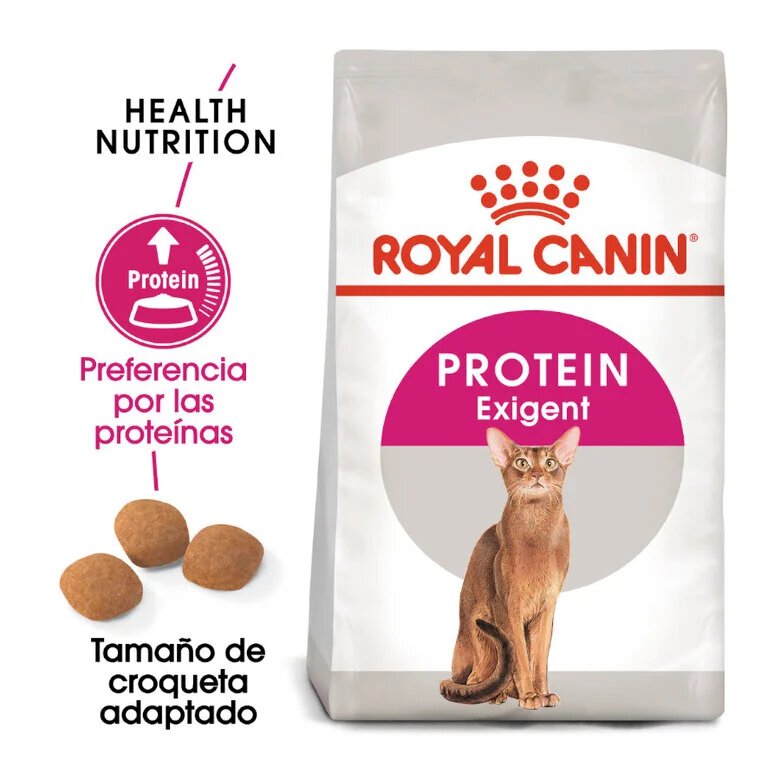 Saco de ração Royal Canin Protein Exigent para gatos com imagem de gato e croquetas