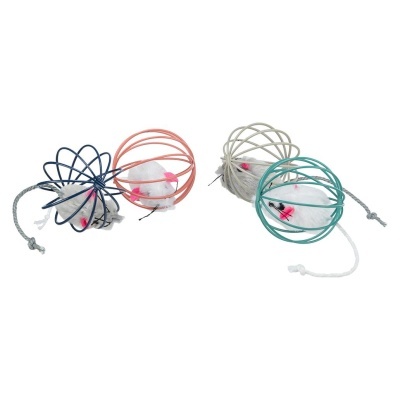 Brinquedos para gatos com ratos de pelúcia em gaiolas metálicas coloridas e cordas