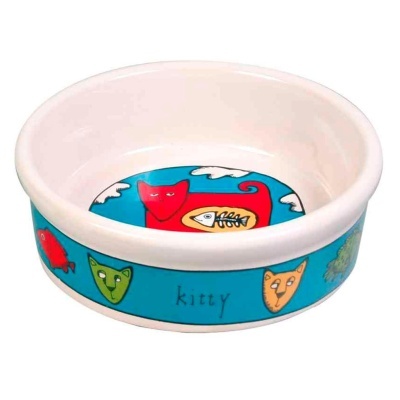 Taça para gato em cerâmica com desenhos coloridos e a palavra kitty