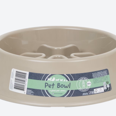 Comedouro para animais de estimação em plástico reciclado bege com etiqueta