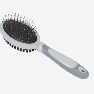 Escova de cabelo dupla face cinzenta e branca com cerdas metálicas e de plástico
