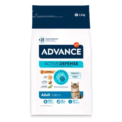 Pacote branco e azul de ração para gatos Advance Active Defense com imagem de gato