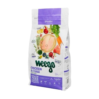 Saco branco e roxo de comida para cães Weego Chicken & Tuna com ilustrações de ingredientes naturais