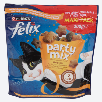 Embalagem de snacks para gatos Purina Felix Party Mix Original com ilustração de gato