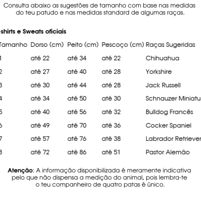 Tabela de tamanhos para T-shirts e Sweats oficiais para cães com medidas e raças sugeridas.