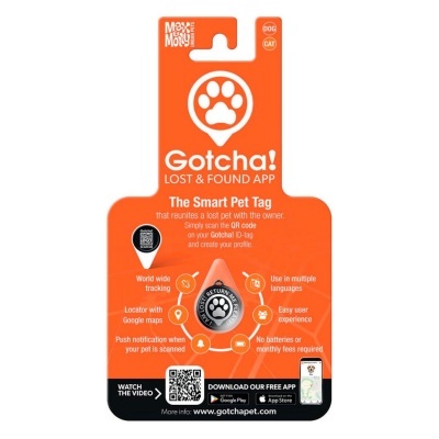 Etiqueta inteligente Gotcha! para animais de estimação em cartão laranja com texto e código QR