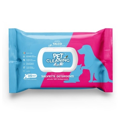 Embalagem de lenços umedecidos biodegradáveis para animais azul e rosa com desenho de cão e gato